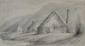 Hutts [sic] of the first settlers Petoni Beach. [1840s]